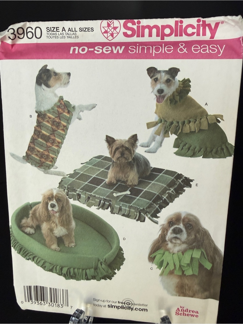 Simplicity 3960 No-Sew Dog Coat Bed Collar Pattern Uncut